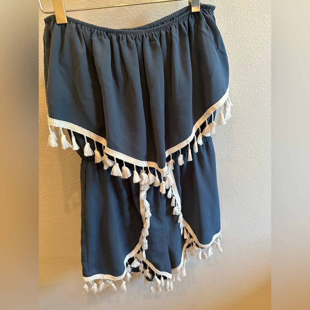 Jack by BB Dakota Romper Off Shoulder Blue White Size XS Tassels